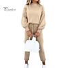 Solid Color 2 Pcs/Set Women Tracksuit Loose Half Turtleneck Casual Elastic Waist Keep Warm Drawstring Sportwear Sweatshirt Sweatpants Suit