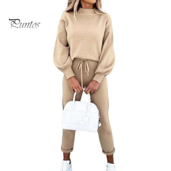 Solid Color 2 Pcs/Set Women Tracksuit Loose Half Turtleneck Casual Elastic Waist Keep Warm Drawstring Sportwear Sweatshirt Sweatpants Suit
