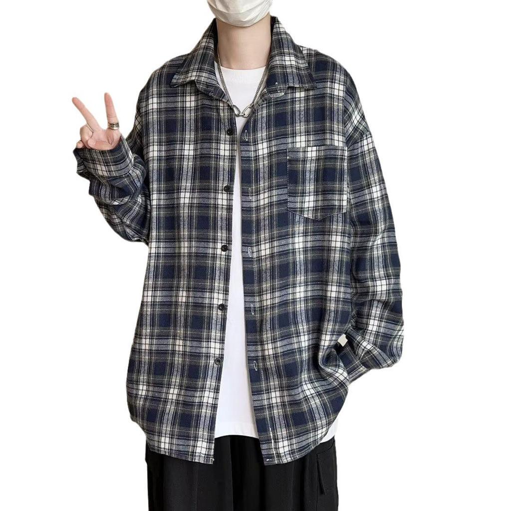Unisex Retro Japanese Plaid Long-Sleeve Shirt - Trendy Hong Kong Lazy Style