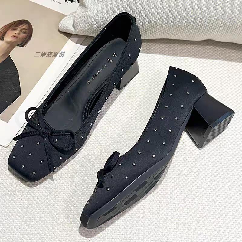 2025 Neu Hochhackige Einzelne Schuhe Quadratische Zehenpartie Flacher Schleife Slipper Rutschfest Verschleißfest Blockabsatz Schuhe