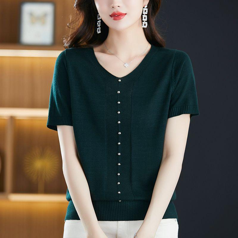 Été Nouveau T-shirt Tricoté en Soie Glacée pour Femmes Ample Col en V Manches Courtes T-shirt Haut Fin Manches Courtes