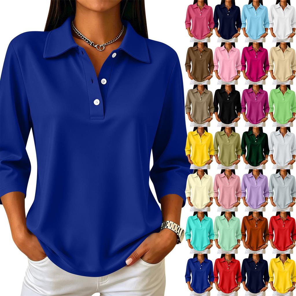 Damen Freizeit-Bluse mit Knopfleiste, 3/4-Ärmeln und Kragen für den Alltag