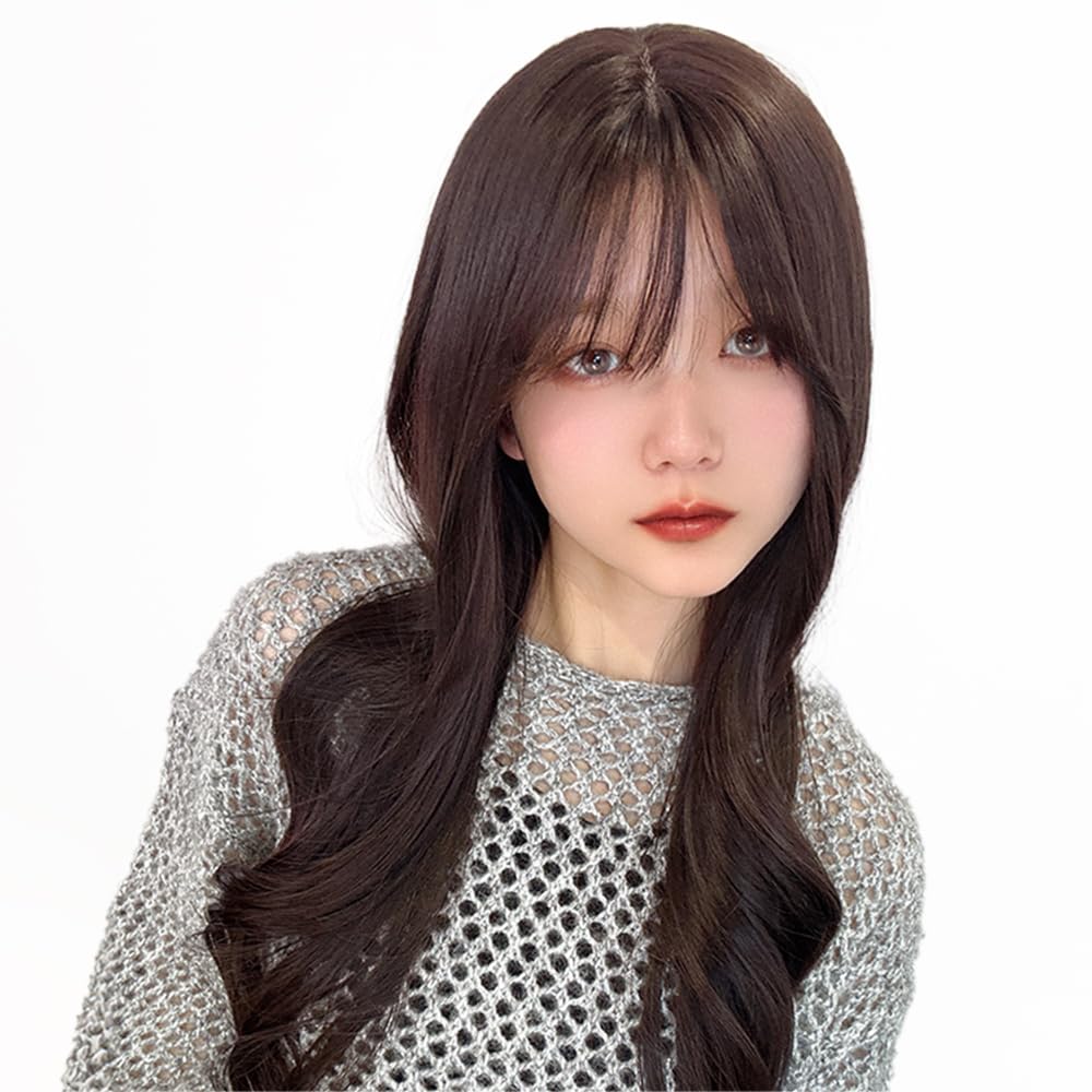 AQUADOLL Curly Long Blonde/Brown Hair Wig with See-Through Bangs, High-Tone Color, Full Wig, Free Size, MBK Matte Black (wg360MBK)