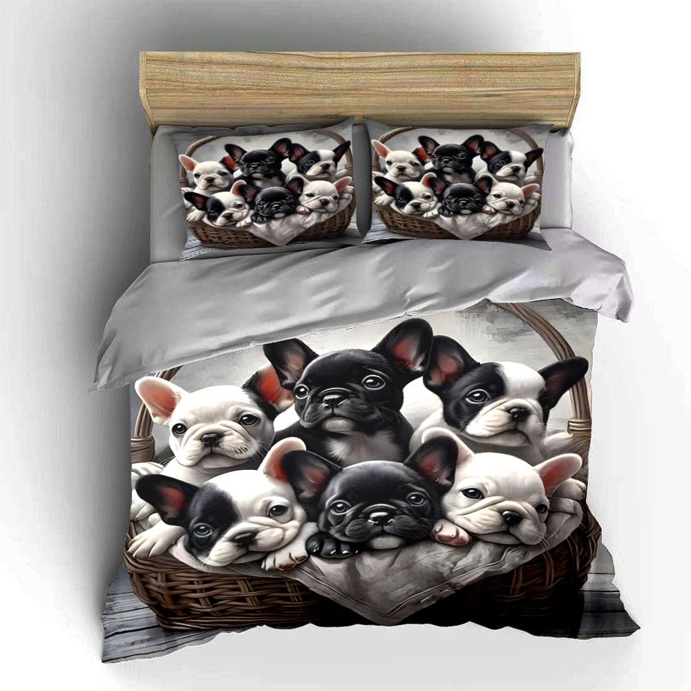 French Bulldog Puppies Basket Bedding Duvet Cover Set (1*Duvet Cover 2*Pillowcases, without duvet insert)