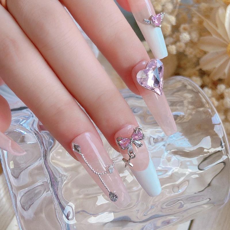 Nail Art Diamond Pink Zircon Bow Pendant Jewelry New Light Luxury Silver Butterfly Love Diamond
