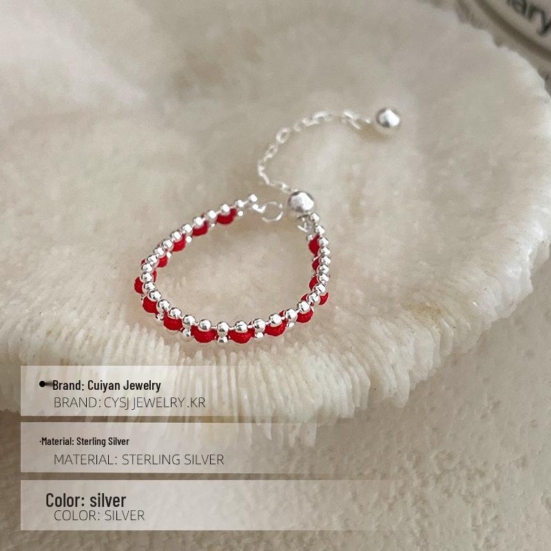 Cuiyan Shijie S925 Silver Korean Style Red Rope Drawstring Ring - Simple Handmade Women's Woven Jewelry
