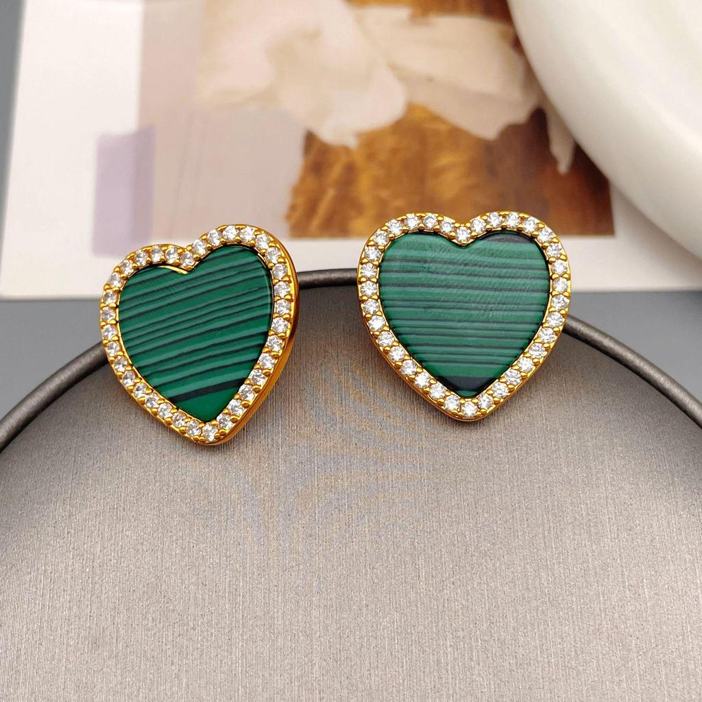 Retro Malachite Heart Diamond Stud Earrings - Exquisite Design & Unique Style
