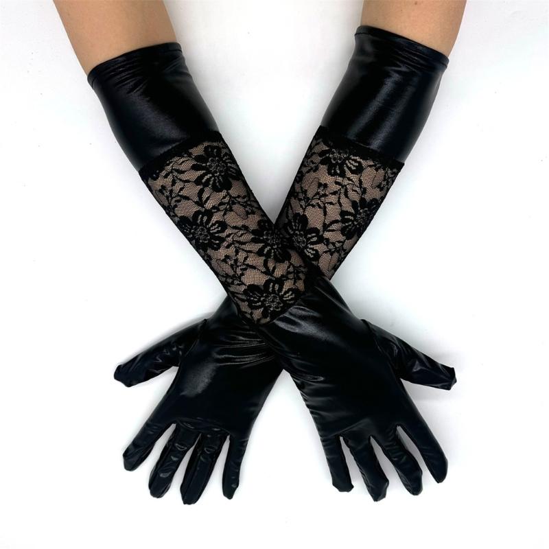 Long Black Operas Party Gloves for Women Stretchy Elbow Length Party Gloves Leather Lace Gloves for Wedding Halloween