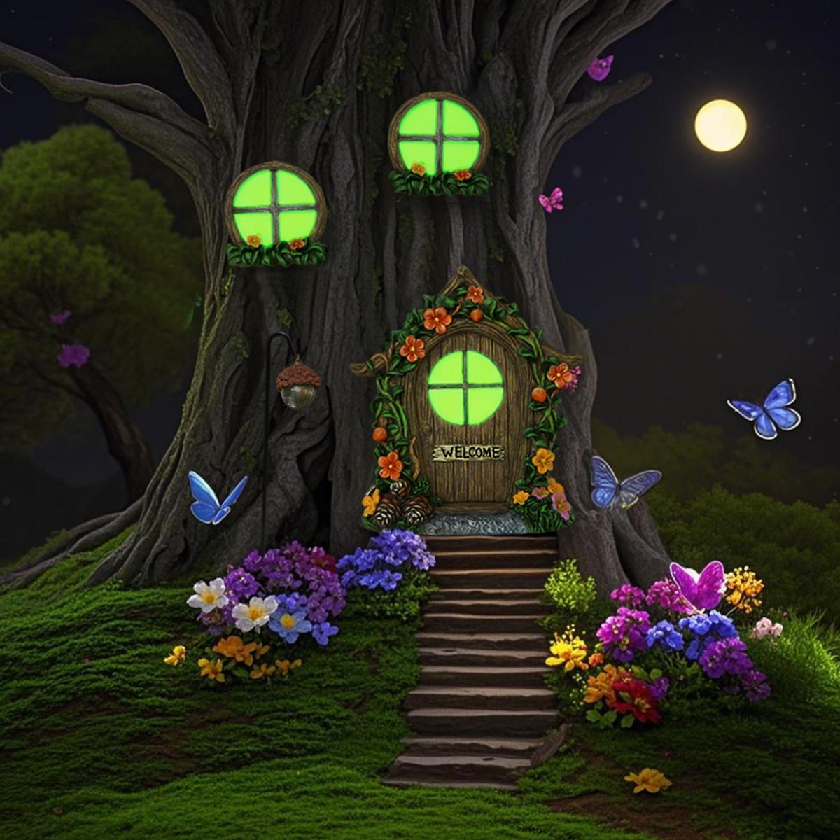 

4 Pinecone Fairy Tale Miniature Door and Window Decorations, Creative Garden Tree Decoration Pendants, Home Wall Decoration