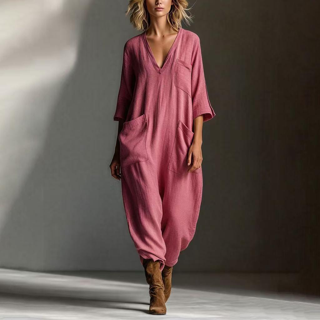Women's Fashionable And Casual Buttoned V-neck Half Sleeve Pocket Jumpsuit