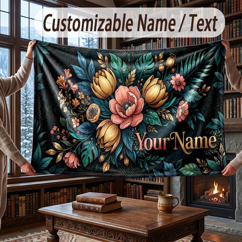Floral Garden Theme Throw Blanket Custom Name Text Personalized Blanket Soft Cozy Blanket for Home Sofa Bed