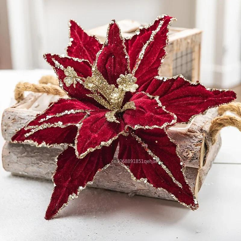 

26СМ Рождественский цветок Красный Золотой Блеск Флис Симуляция Искусственный Цветок Подвески для Рождественской елки С Рождеством Христовым Цветок Подвесные украшения красный