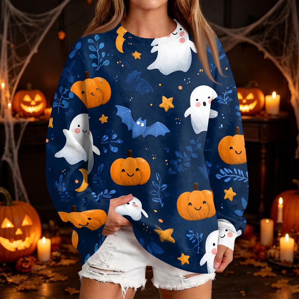 Women's Casual Round Neck Sweatshirt with Halloween Print, Long Sleeve Pullover for Festivals