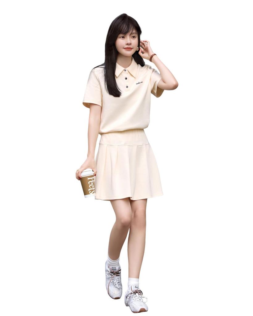 Golf Wear Short Sleeve Polo Pleated Tennis and Culottes Set for Spring and Solid and MOHO&MO Women's Set Shirt, Skirt, Wear, Sportswear, T-Shirt,