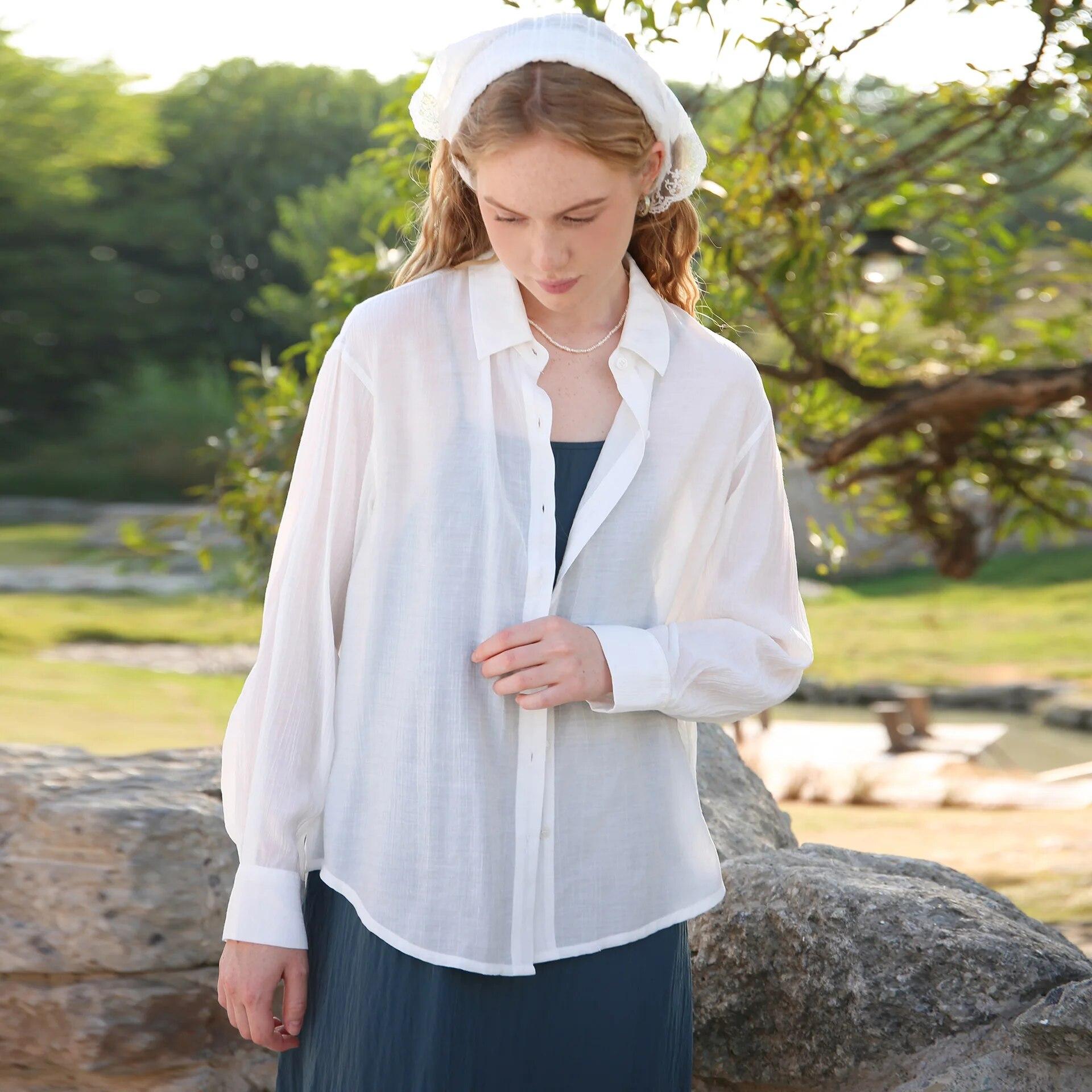 

Johnature весна-лето легкие тонкие солнцезащитные рубашки женские ленивый стиль однорядные свободные блузки на пуговицах кардиган L белый