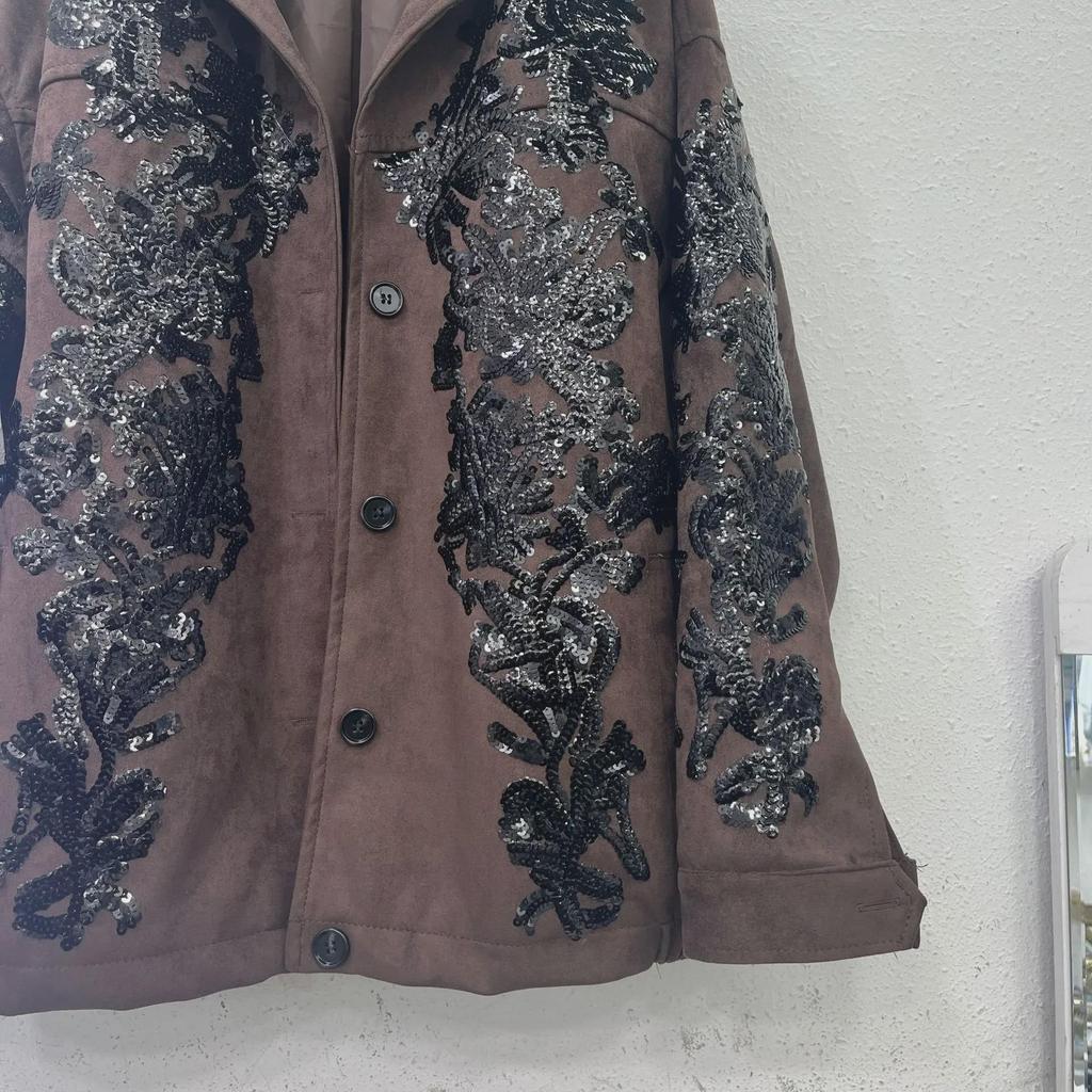2024 Women's Brown Leather Jacket: Cool Style with Heavy Sequin Embroidery in Motorcycle Design