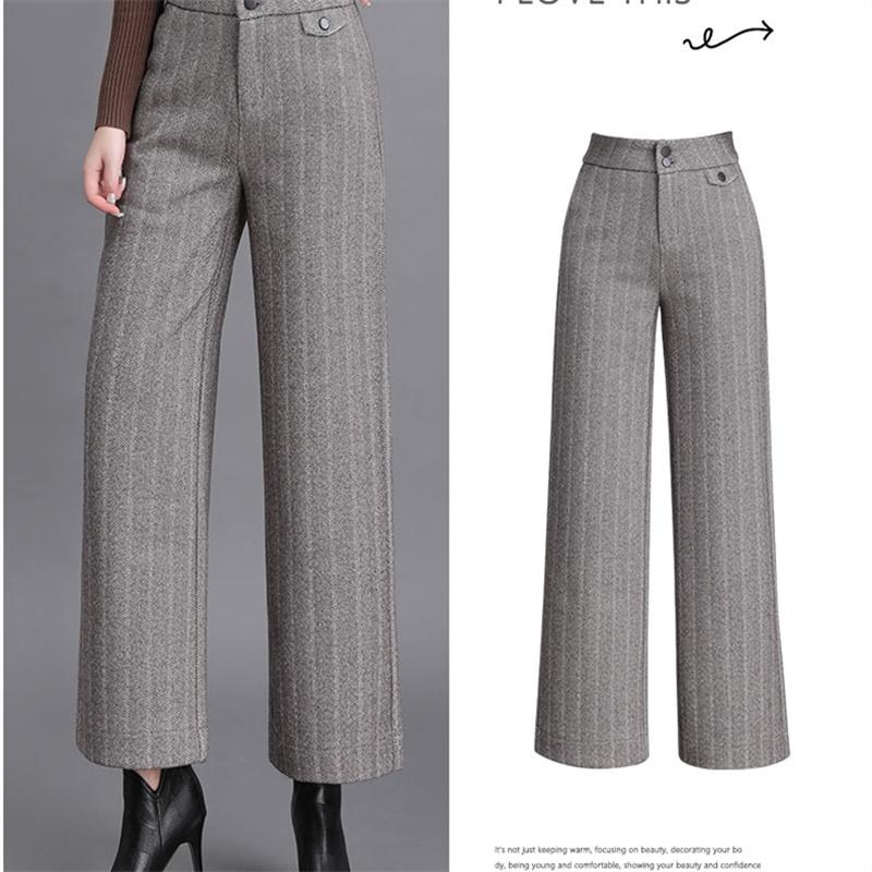 Autumn Winter Korean stytle Thickened WarmWool Wide Leg Pants Womens Fashion Striped High Waist Loose Straight Casual Trousers