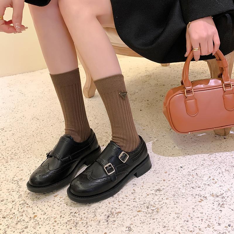 Autumn and winter new Hatton College shrinkage horse leather double buckle round head thick heel British style leather shoes