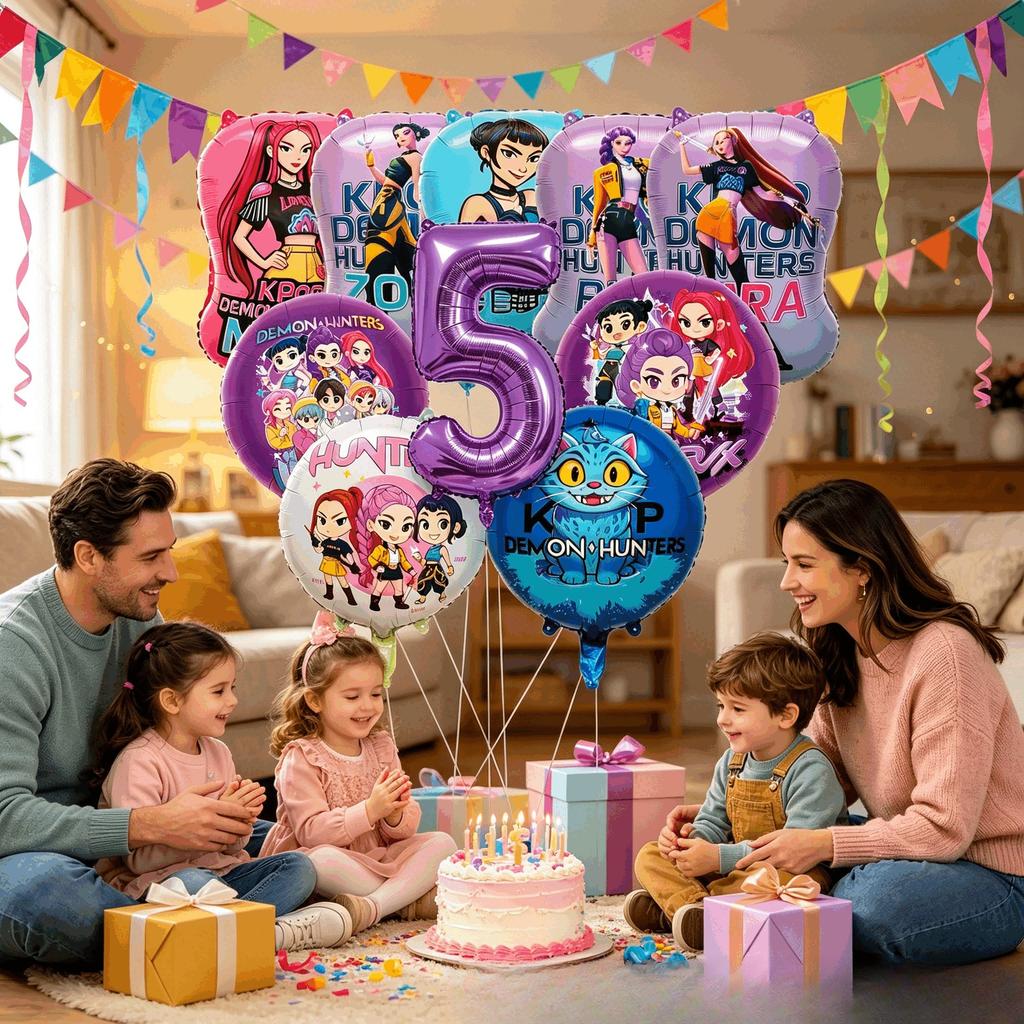 10pc Full Characters Foil Balloon Set, 1-9 Purple Balloons For Girls Kids Birthday Party Decoration Ballons Supplies