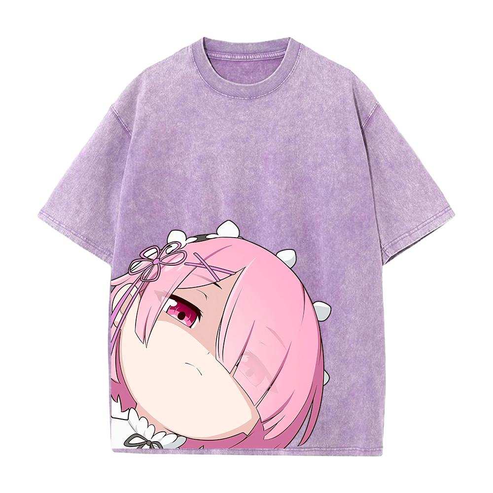 Manga Re:ZERO Ram Kawaii Printed Tee Men Women Short Sleeve Clothing Washed Cotton T-shirt Retro Casual T Shirt Harajuku Tshirt