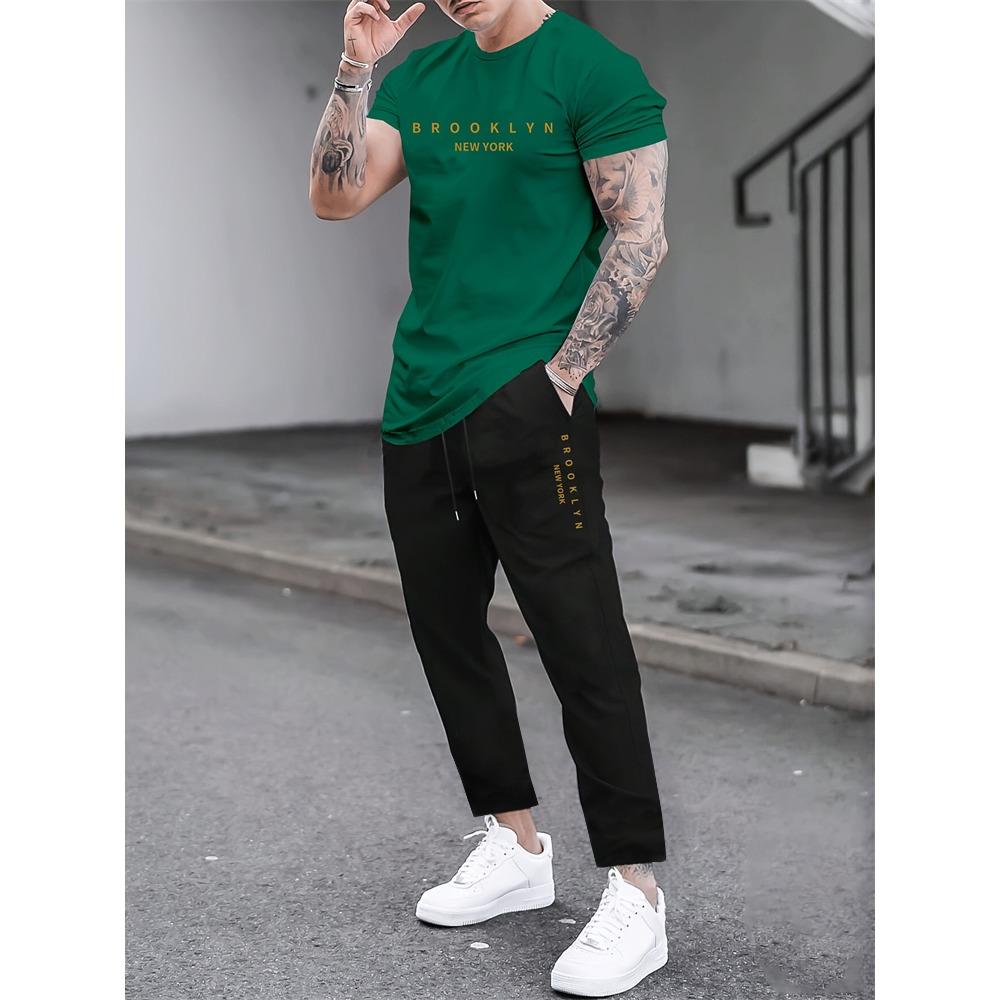 2 Piece Regular Fit Men's Jogger Pants Letter Printed Men's Short Sleeve T-Shirt Set Street Outdoor Casual Fashion Set