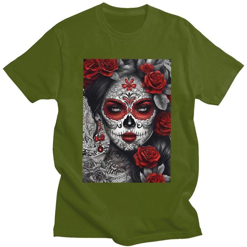 Custom Mexican Catrina Sugar Skull Lady Tshirt for Men Short Sleeves Casual T Shirt Tshirts Slim Fit Pure Cotton Tees Gift