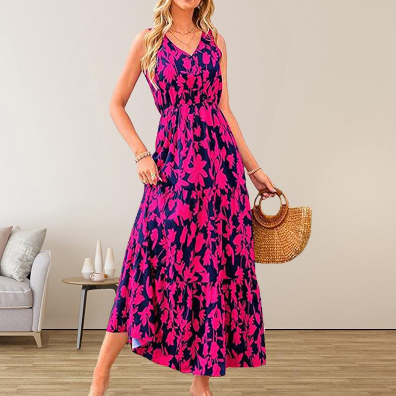 2025 Summer Women's Fashion New V-neck Casual Printed Sleeveless Dress