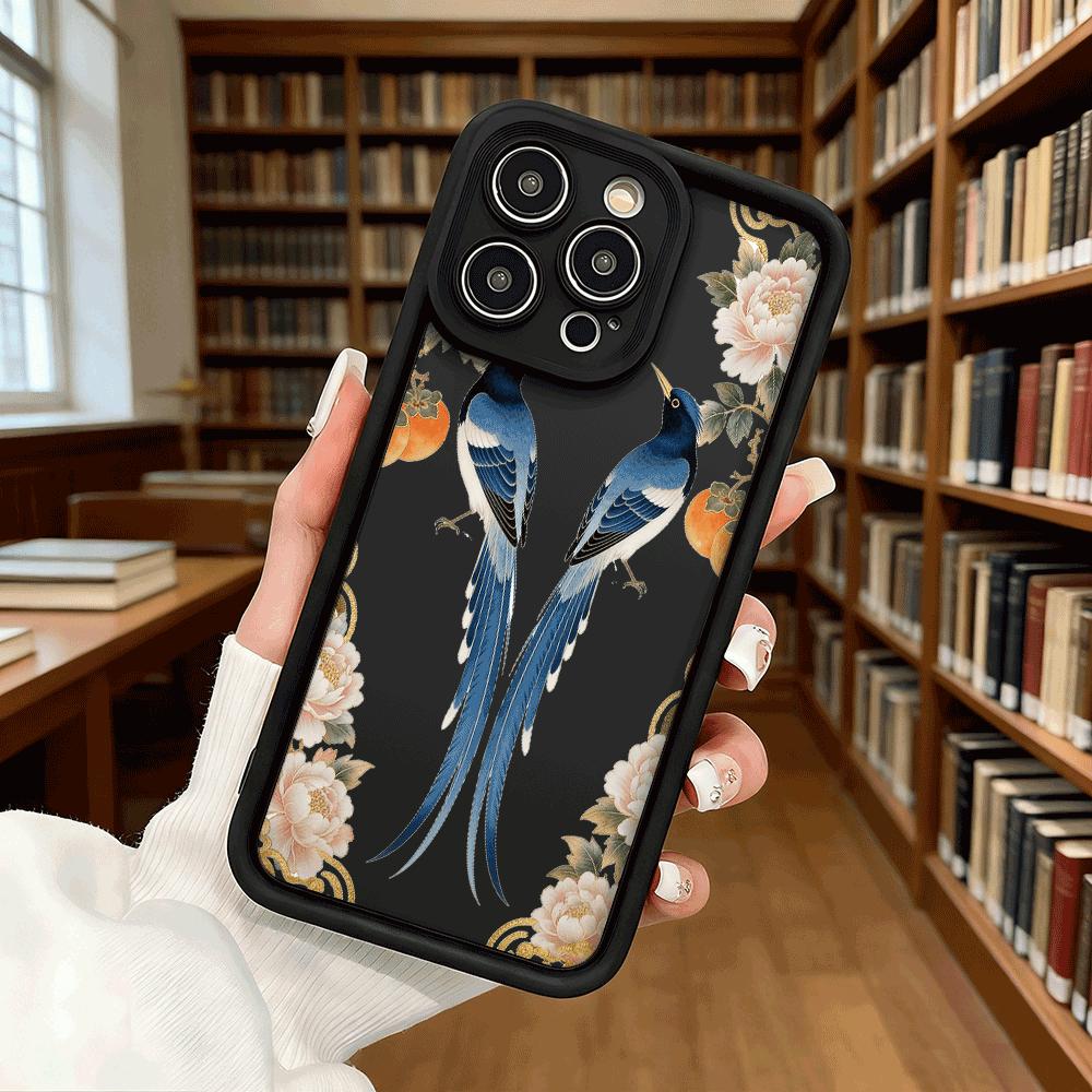 Blue Magpies Peonies Shockproof Soft Phone Case For Xiaomi Redmi Note 15 14 13 12 11 10 9 8 Pro Anti-Slip Anti-Fall Cover
