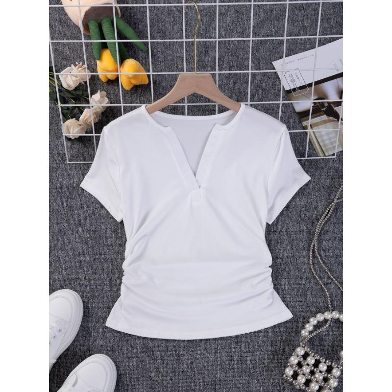 Women's Side Pinch Pleat Waist Closing Scissor Neck V-Neck Stretch Cotton Solid Colour Peplum Summer Short Sleeve T-Shirt