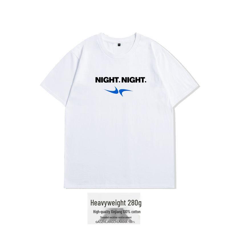 

НОЧЬ. Мужская футболка из плотного хлопка с коротким рукавом в гонконгском стиле с принтом, свободного кроя S белый