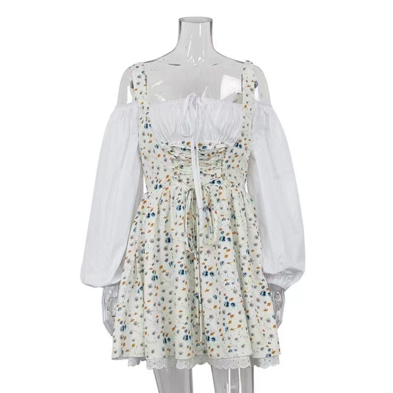 

Французский стиль пышные рукава слинг топ труба поддельное двухслойное цветочное платье бретели принт платье Meters Blue L