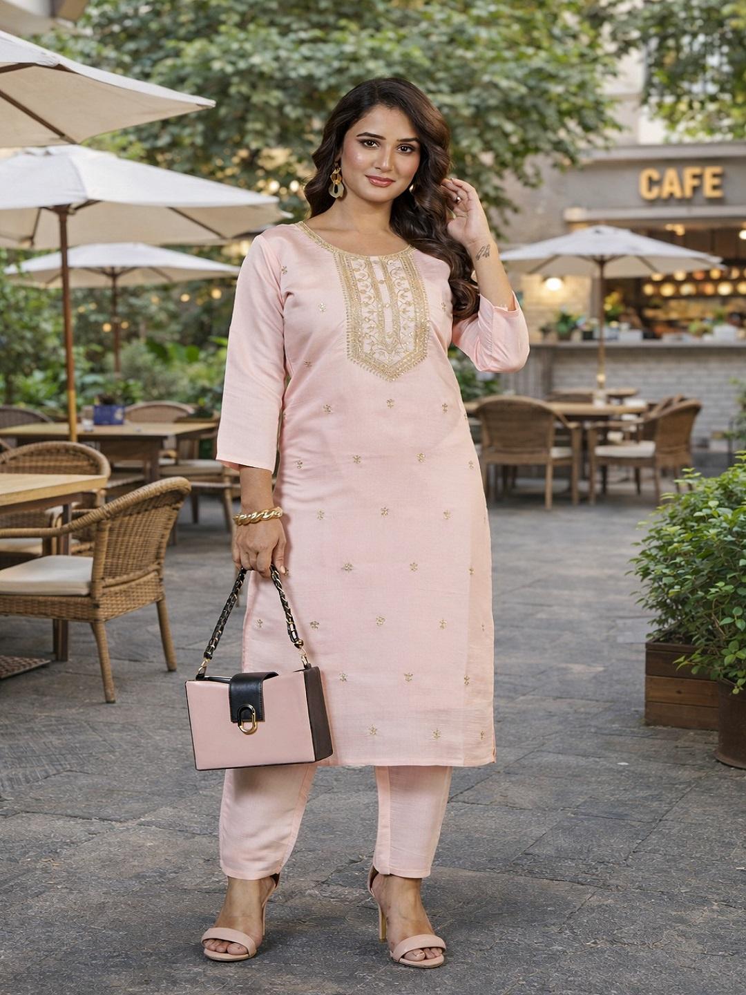 Women Peach Roman Silk Kurta Set with Embroidery | Straight Kurti Pant Set | Festive Ethnic Wear S персиковый