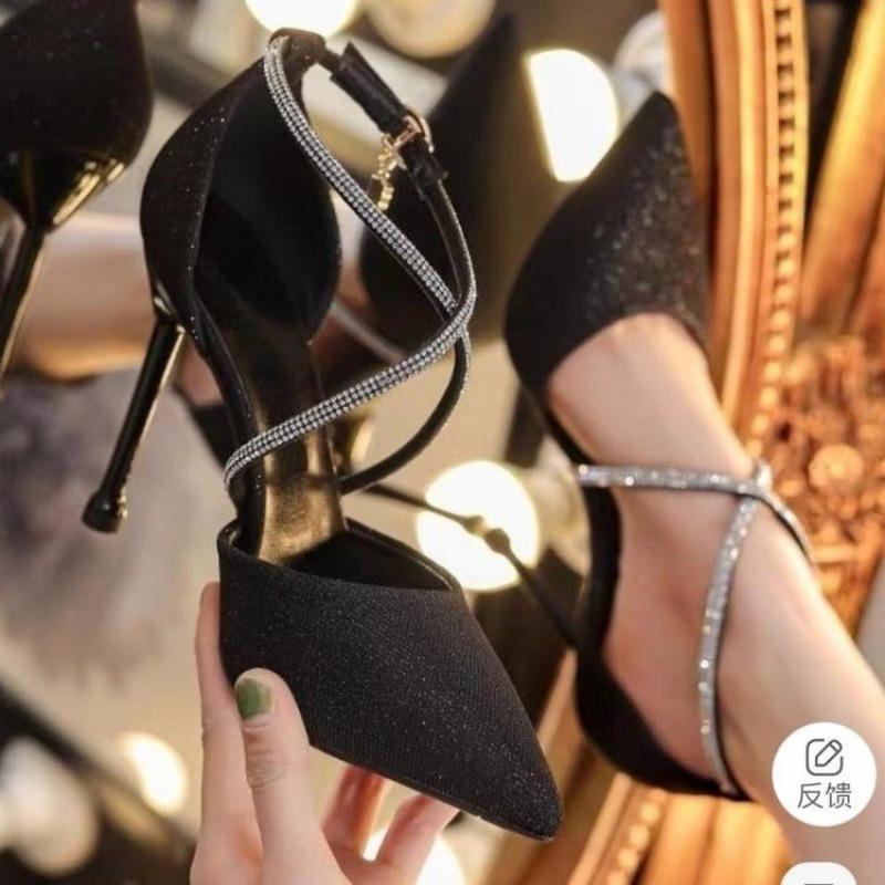 Fashion High-heeled Women's 2025 Spring and Autumn New Versatile Rhinestone Cross One-button French Girl Pointed Slim Heel Sandals