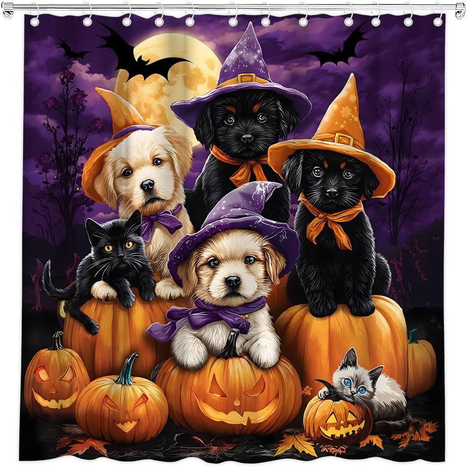 

Halloween Shower Curtain Cute Dogs And Cats With Witch Hats Horror Pumpkins Full Moon Spooky Bat Gothic Animals Bath Curtain W60H190(CM)-1 Pcs