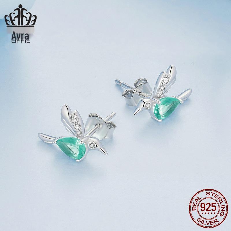Avle S925 Sterling Silver Light Green Teardrop Hummingbird Earrings