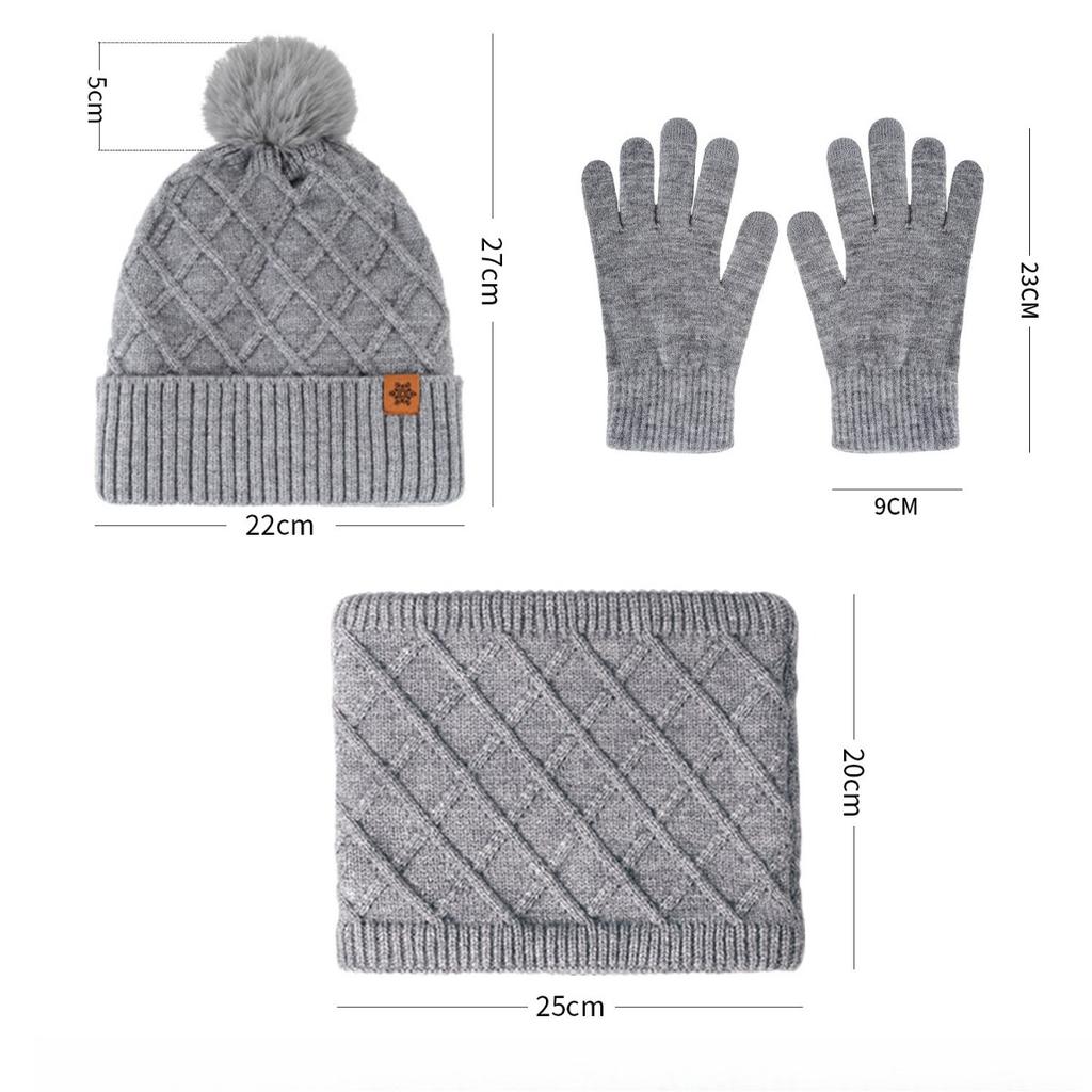 Knitted Hat, Ladies', Cold Hat, Double-layer, Scarf, Outdoor, Warm Hat, Knitted Hat, Gloves, Three Piece Set