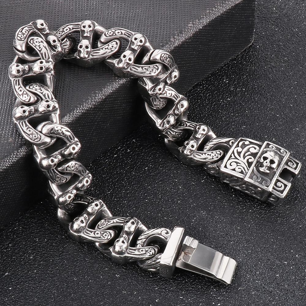 Pánský Cool masivní ocelový náramek s lebkou a tváří v tvář kubánský řetízek pro muže unikátní gotický punk rock šperky příslušenství halloweenské dárky