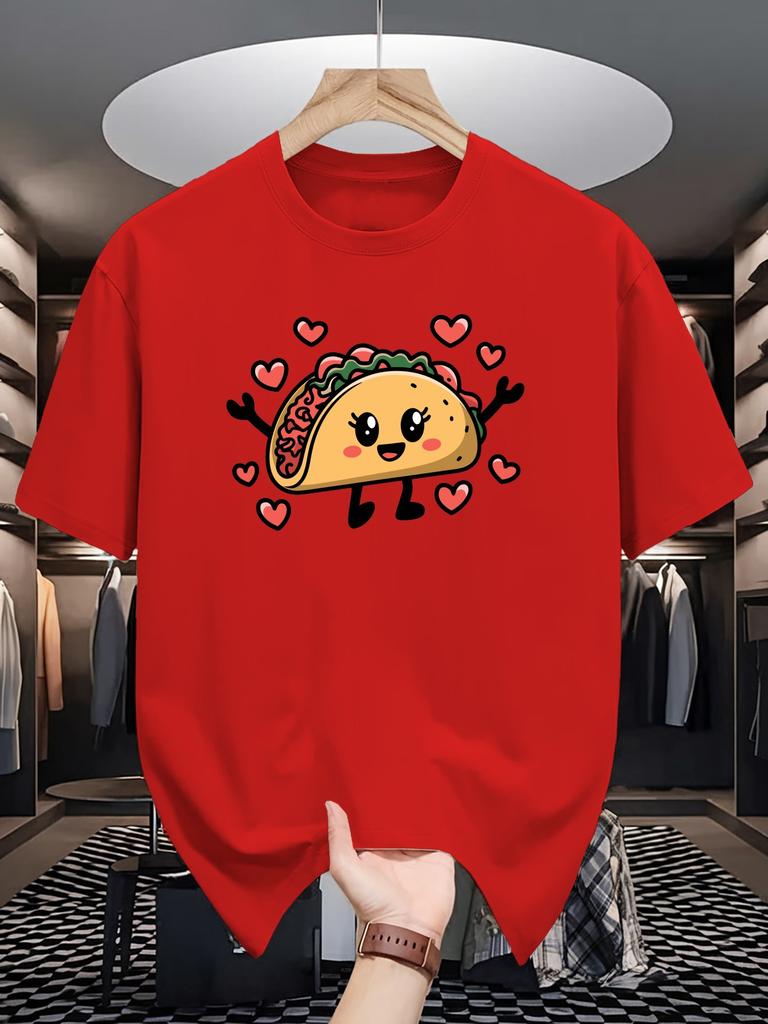Unisexs Crew Neck T Shirt Cute Cartoon Taco With Hearts Graphic Short Sleeve Casual Cotton Mexican Food Lover Streetwear Tees