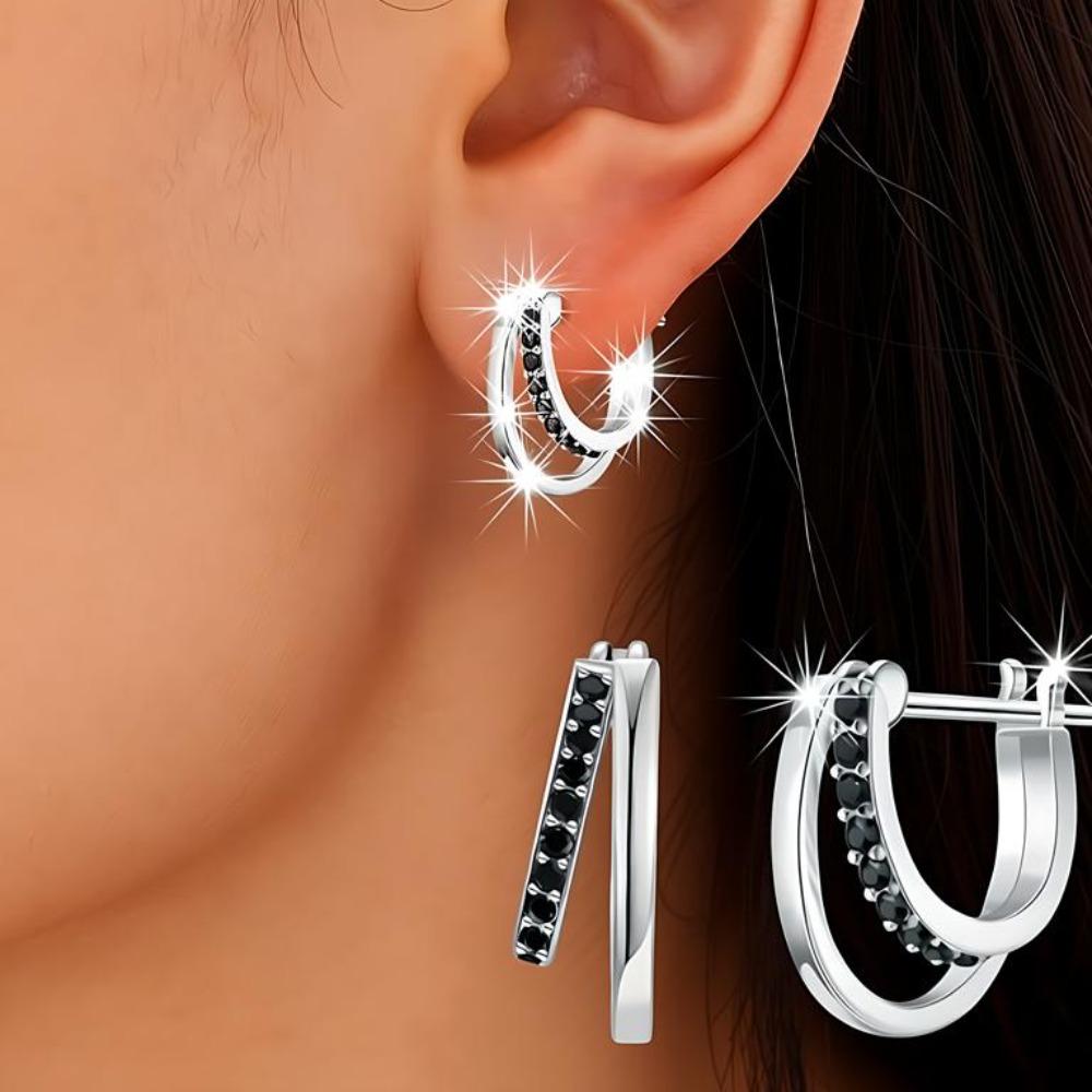 Tassel Hoop & Double-Layer Hoop Earrings with Black Stones, Sleek Minimalist Design, Hypoallergenic Jewelry for Women,