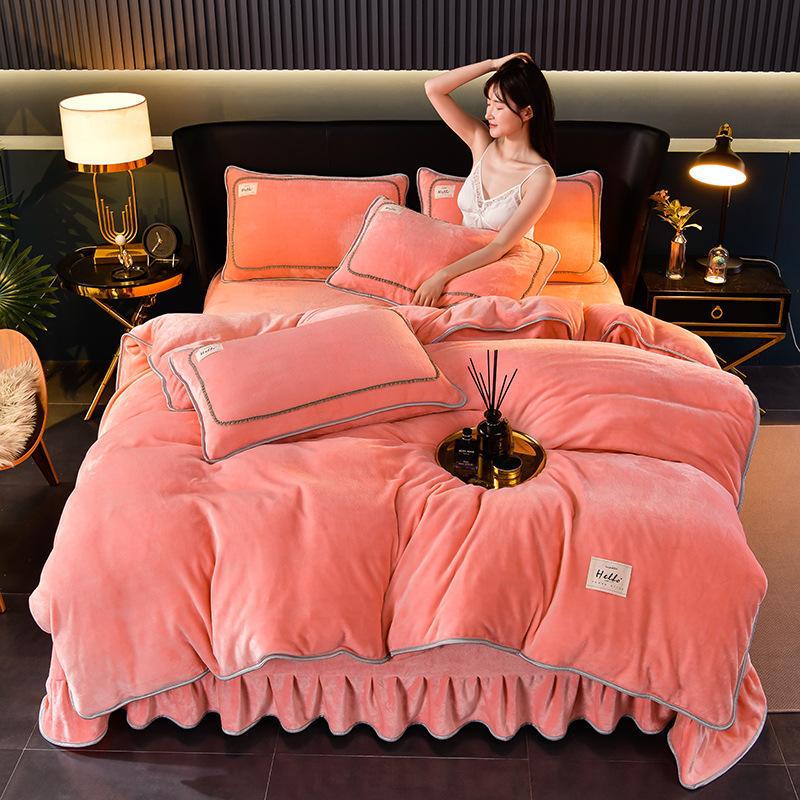 Solid color milk fleece four-piece set, winter thickened warm student dormitory bed sheet four-piece set