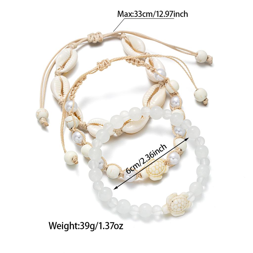 Bohemian Style Shell & Turtle Anklet Set for Women, 3-Piece Stackable Pearl Beaded Anklets
