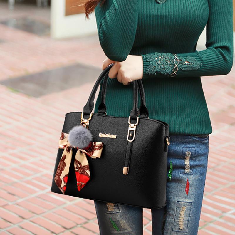 2025 New Stylish Large-capacity Solid Color Handbag PU Waterproof Messenger Bag Plush Pendant Simple Shoulder Bag