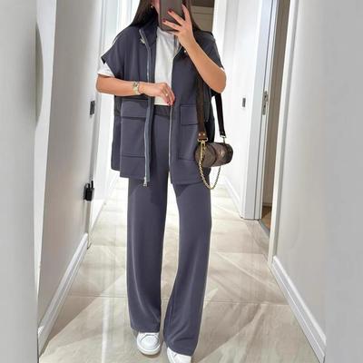 Women's Sleeveless Zip Vest with Wide Leg Pants Set In Neutral Tones