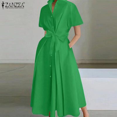 Damen Umlegekragen Kurzarm Sommer Langes Hemdkleid