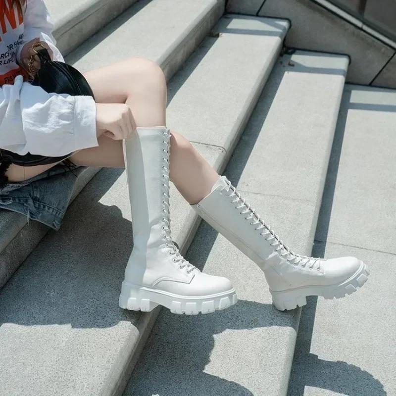 Fashion Women's Mid Calf Boots Padded Shoes Knee High Winter Sneakers Punk Style Military Casual White Black 2024 Lucury Platform Woman