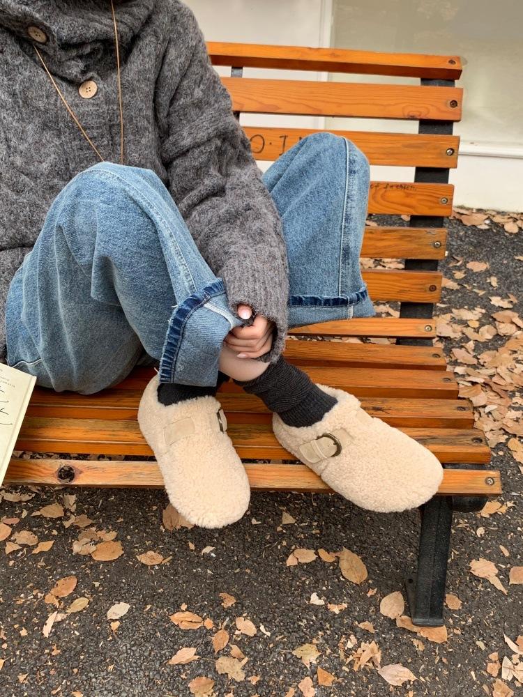 Small Person 3cm Inner Height Increase Lamb Wool Birkenstocks Women's All-inclusive Autumn and Winter Thick-soled Plush Beanie Loafers