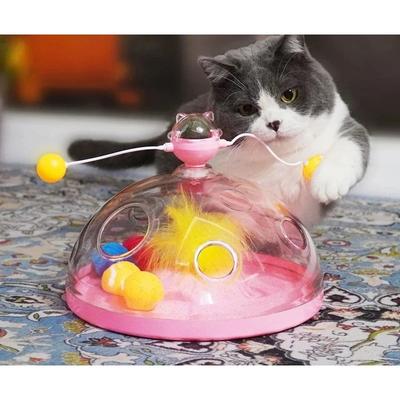 Interactive Cat Educational Toy for Indoor Kittens with Spinning Orbital Ball Feather Trailer Brain Stimulation Treasure Chest