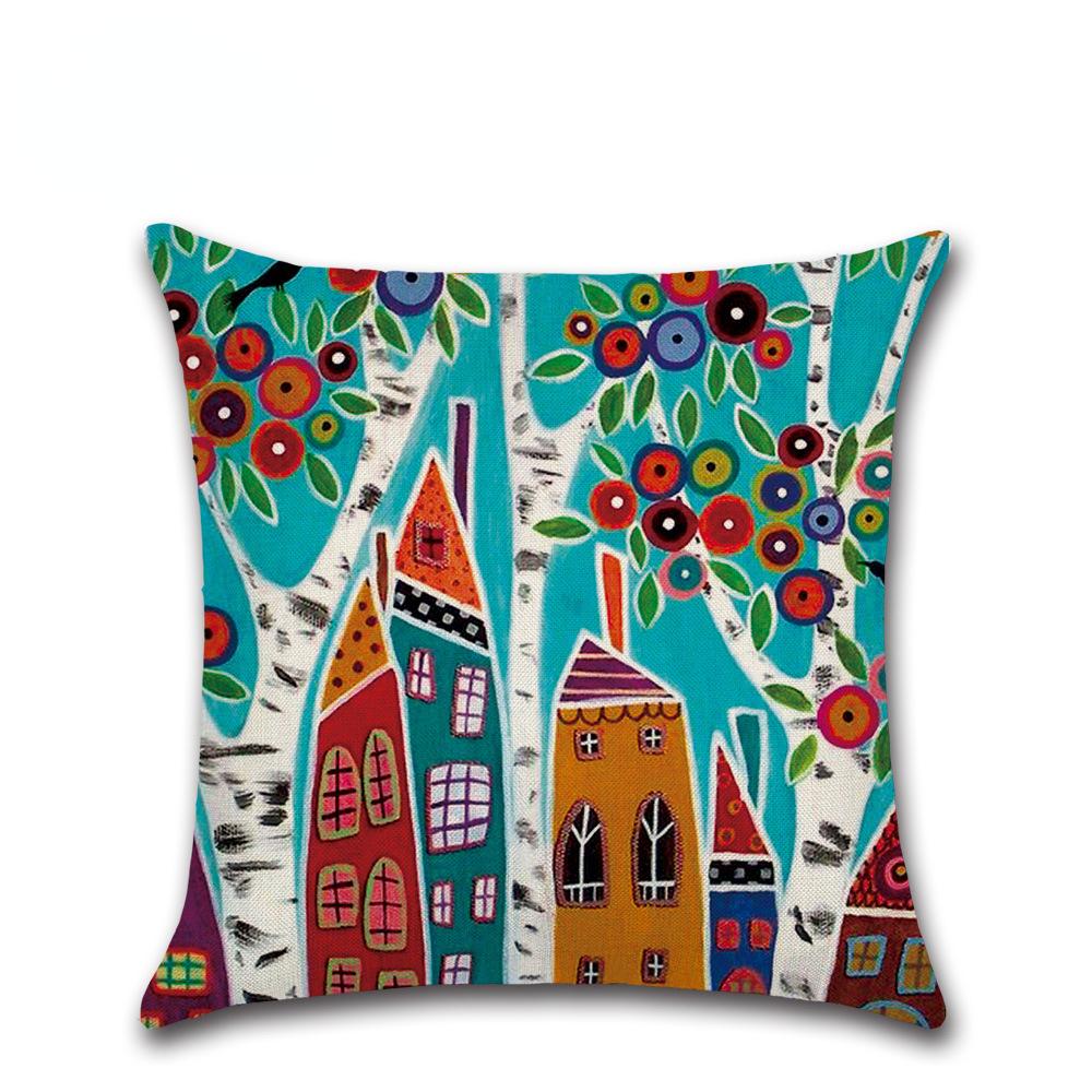 1 Pc Hand Painted Retro Rural Color City Cushion Cover Linen Decorative Cushion Car Home Decoration Pillow Case WBL
