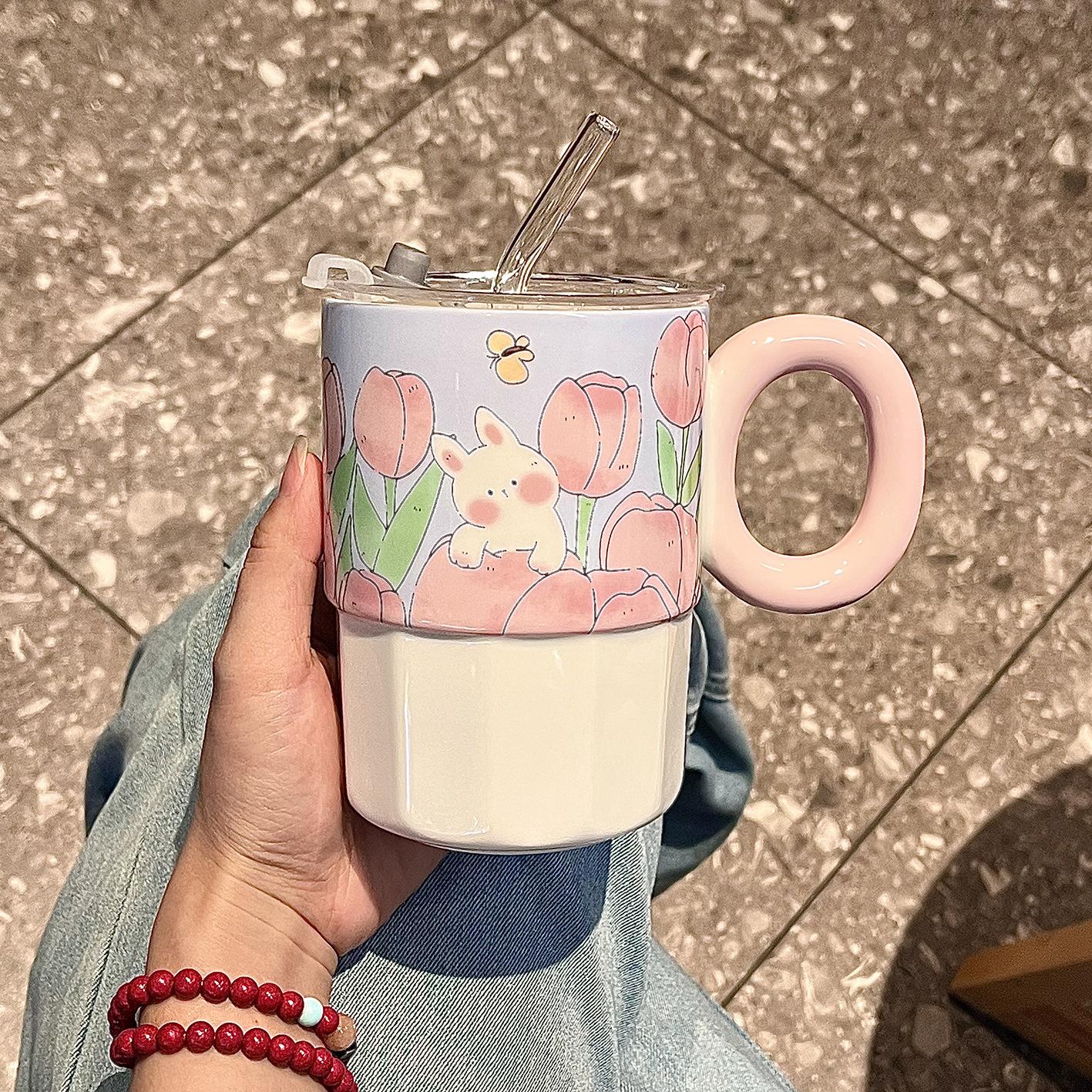 

Ceramic straw cup with lid, high-value rabbit mug, household drinking cup, birthday gift for girls 500ml