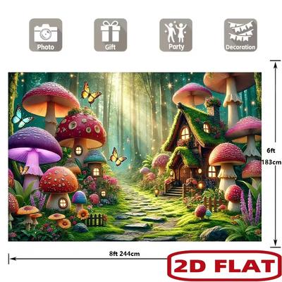 2D Colorful Enchanted Mushroom Forest Photo Background for Kids Birthday Party